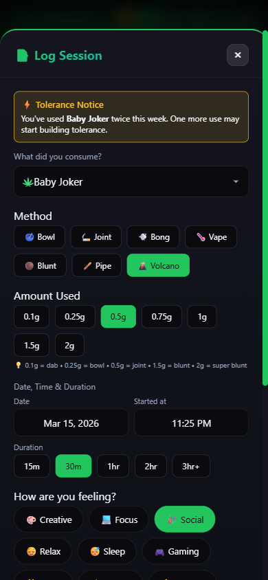 Log a session with strain, amount, and personal notes